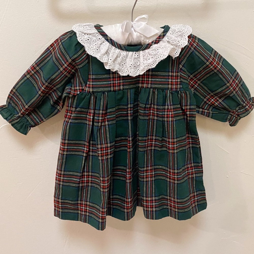 Hand Smocked Baby Girls Plaid Christmas Dress - Flannel Red & Green Holiday